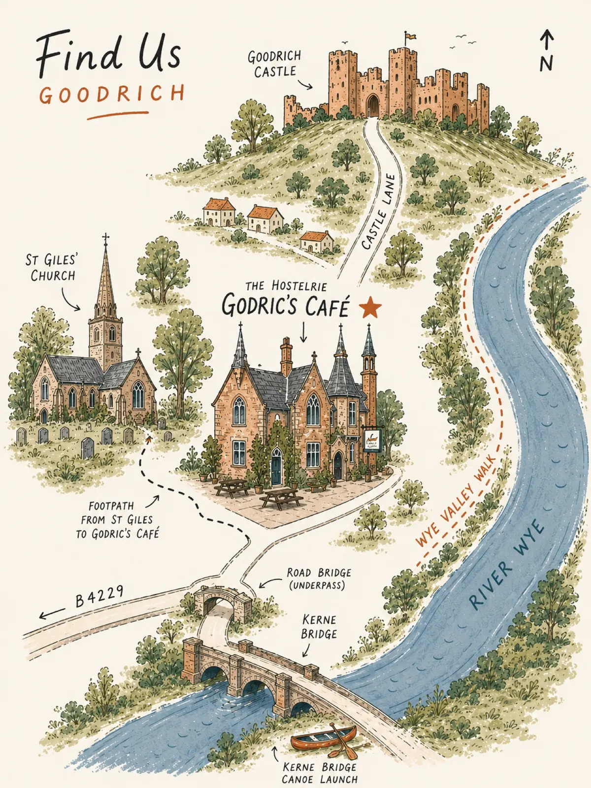 An illustrated map of Goodrich showing Godric's Café at The Hostelrie in the centre, Goodrich Castle, St Giles' church and the River Wye.